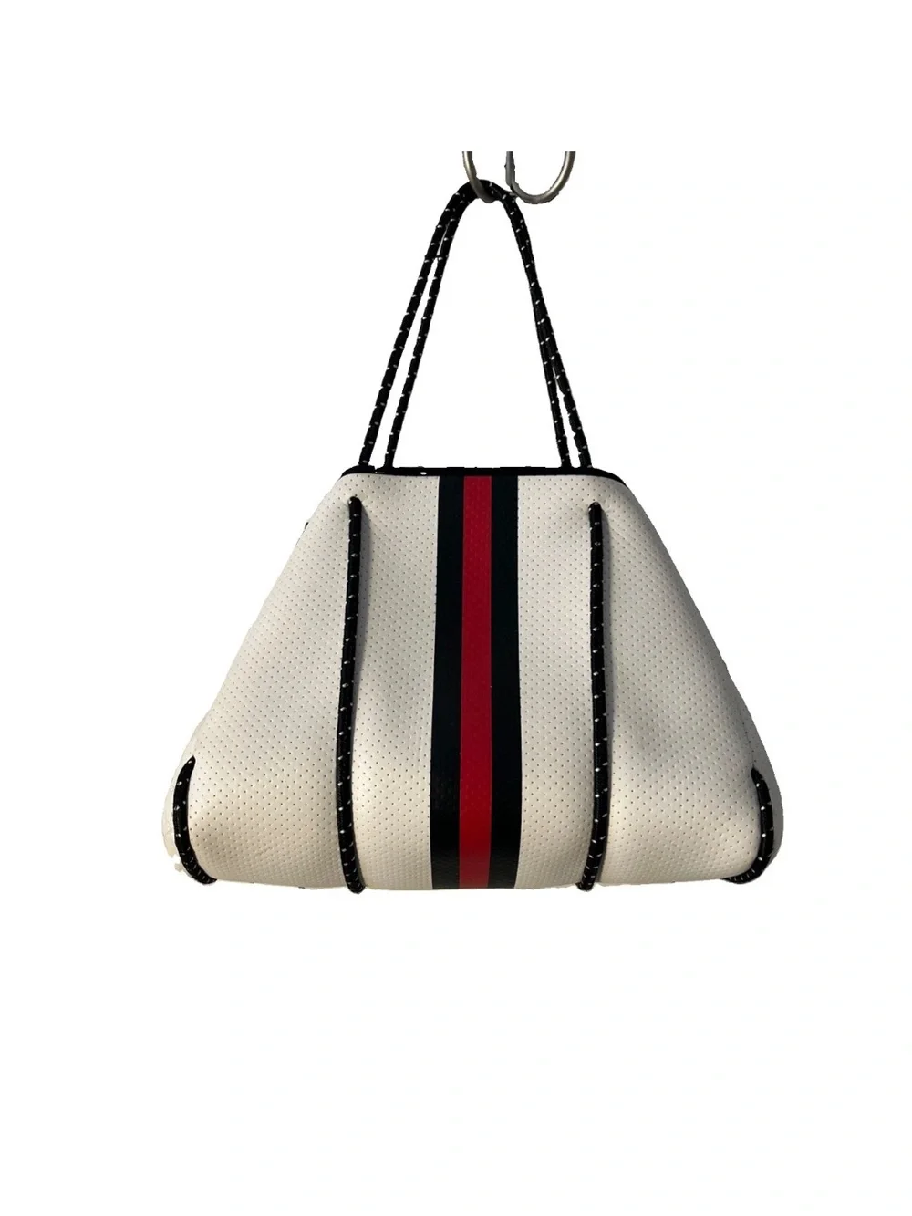 HAUTE SHORE White Neoprene Tote with Red & Black Center Stripes Sz L